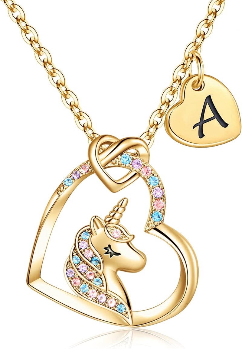 Hidepoo Unicorn Necklace Gifts for Girls Teen Girls Kids - Colorful CZ Heart Pendant Initial Unicorn Necklaces for Girl Jewelry Birthday Gift for Girl Kid - Image 1
